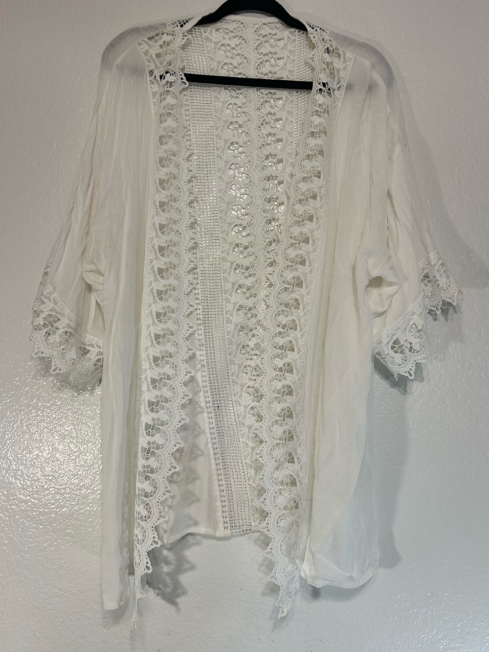 Charlotte Russe White Lace Trim Kimono Cardigan | Boho Open Front | Size L